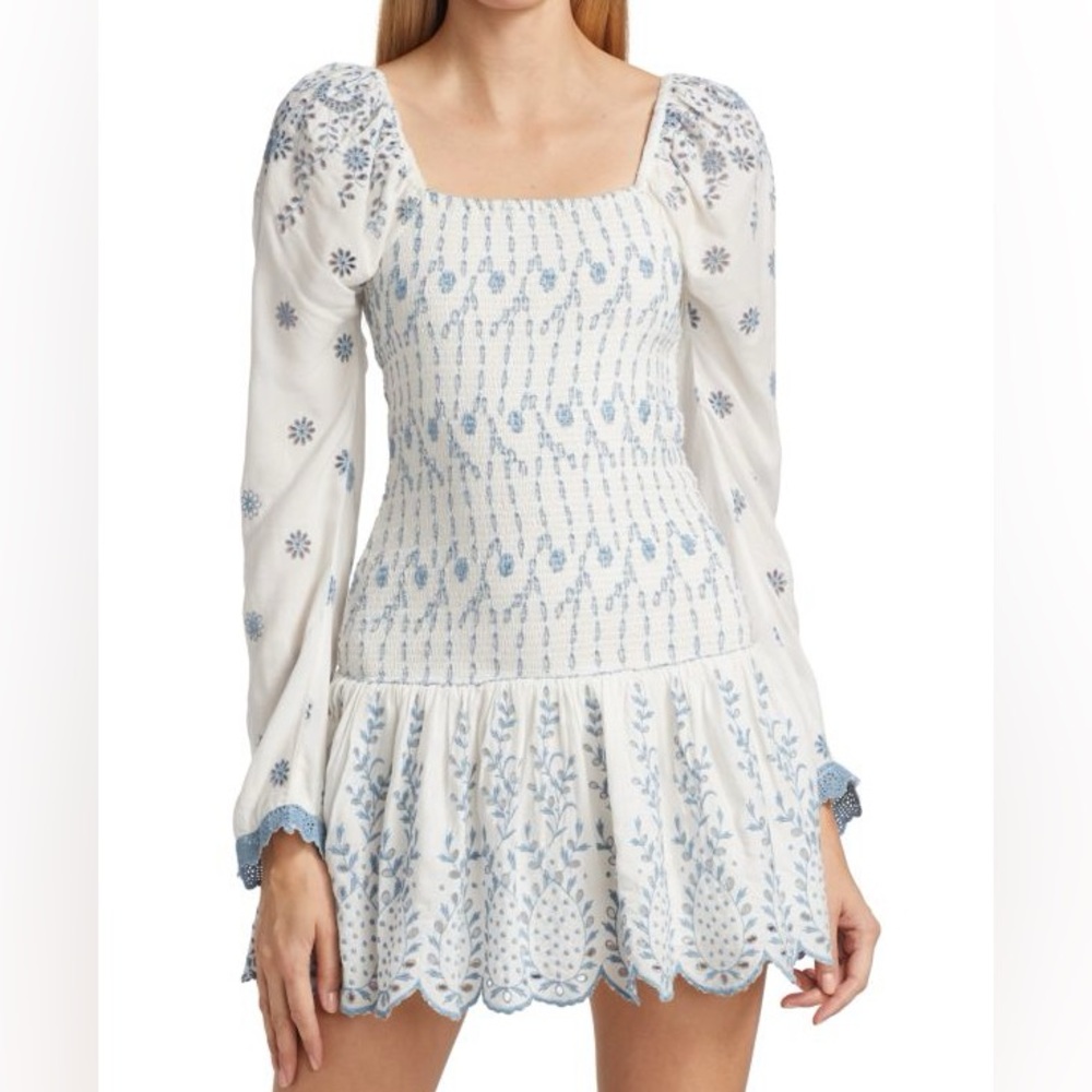 LoveShackFancy Blue and White Jayce Embroidered Mini Dress